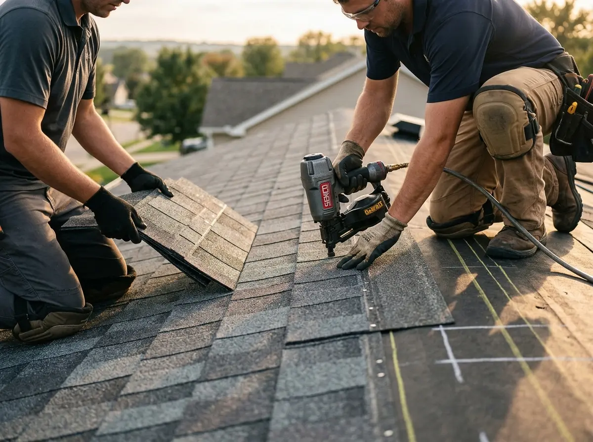Professional roofer working on a residential roof in Castle Shannon